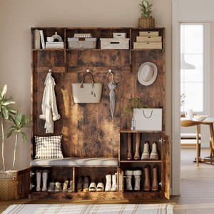Hall Tree with Bench and Shoe Storage, 3-in-1 Farmhouse Entryway Bench, Coat Rack, 4 Hooks, 4 Shoe Cubbies, 3 Compartments - 1 of 4