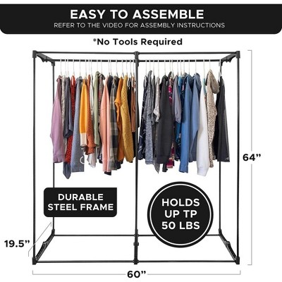 White Portable Wardrobe Closet with Metal Hanging Rod