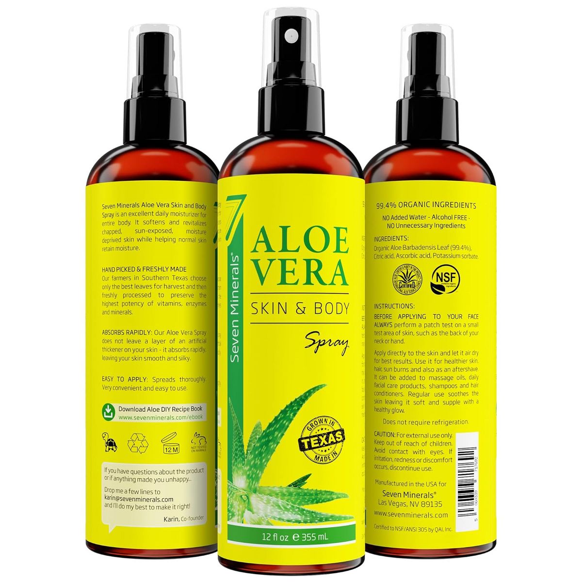 Seven Minerals, Organic Aloe Vera Spray for Body & Hair - From Freshly Cut Aloe Plant, Extra Strong, Easy to Apply, - Made in USA (Big 12 fl oz) - thumbnail 5