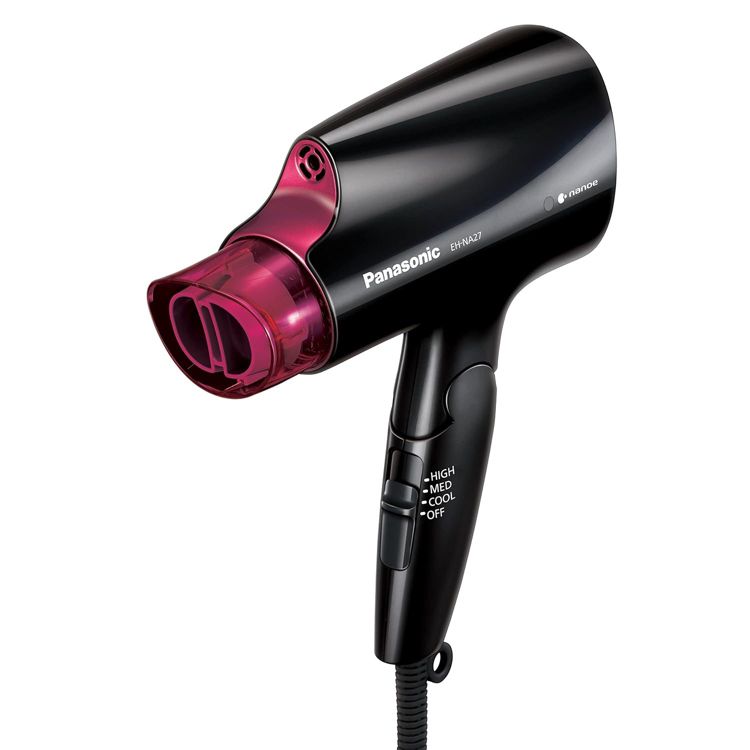Panasonic nanoe Compact Hair Dryer, 1400W Portable Hair Dryer with Folding Handling and QuickDry Nozzle for Fast Drying – EH-NA27-K (Black/Pink), 1 of 9