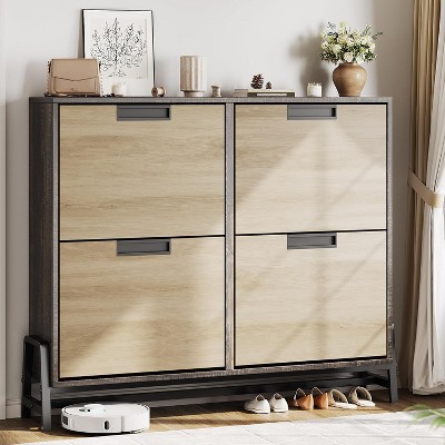4 Flip-Drawer Shoe Cabinet - Narrow 3-Tier Organizer with Metal Legs for Entryway & Hallway