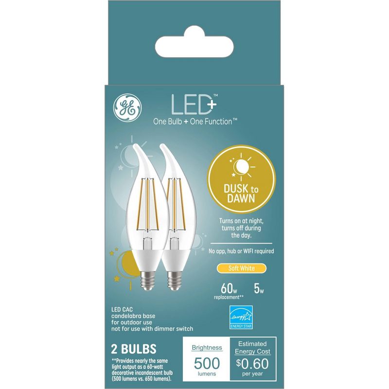 GE 2pk 5 Watts Soft White Candelabra Base LED+ Dusk to Dawn Outdoor Decorative Light Bulbs, 5 of 7