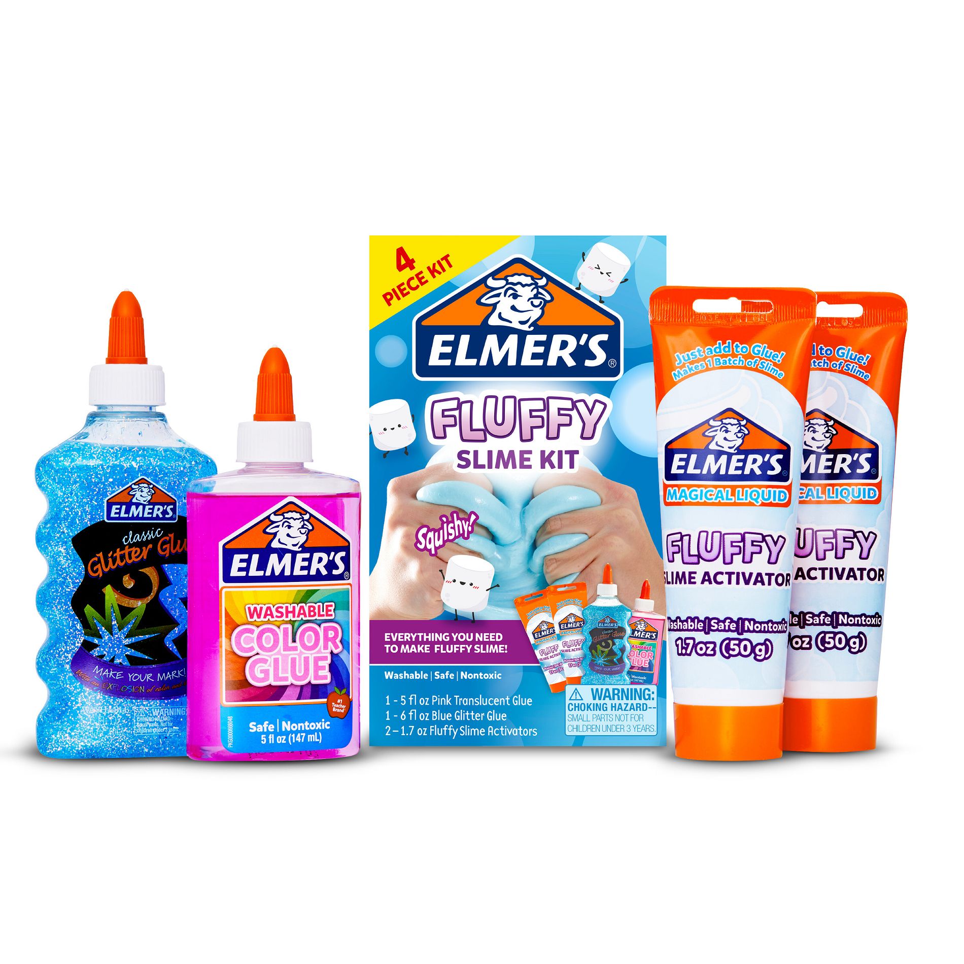 Elmer's 4pc Fluffy Slime Kit: Creative Thinking, No Choking Hazard, Ages 3+, Includes Instructions, Blue & Pink Colors