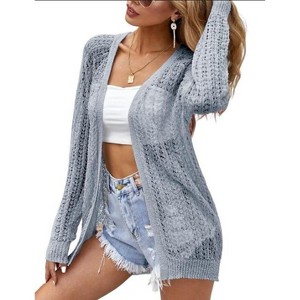 Womens Summer Lightweight Cardigan Long Sleeve Open Front Loose Beach Crochet Cover Up - 1 of 2