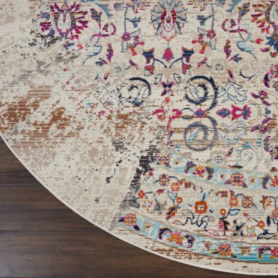 Vintage Kashan 6' Round Ivory Synthetic Easy-Care Rug