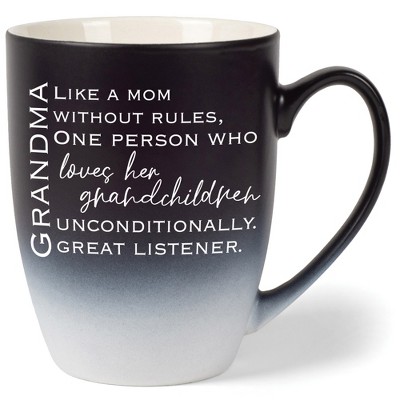Grandma: Like A Mom Without Rules, Person Who Loves Two Toned Matte Black White 12 ounce Ceramic Stoneware Coffee Cup Mug