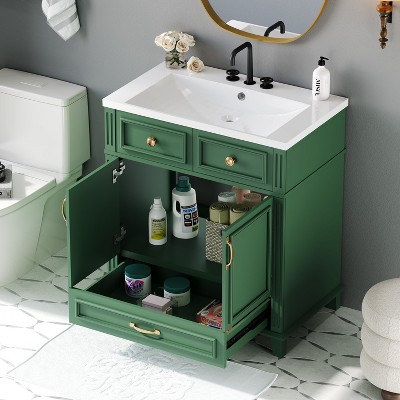 Okak 30" Retro Style Solid Wood Frame Bathroom Vanity with Sink Freestanding Resin Sink Vanities with Cabinet and 2 Soft Closing Doors, Green