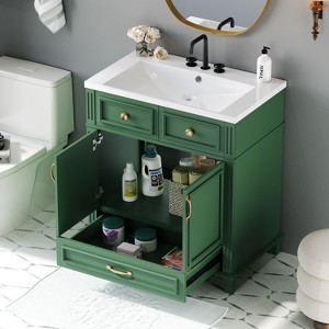 Okak 30" Retro Style Solid Wood Frame Bathroom Vanity with Sink Freestanding Resin Sink Vanities with Cabinet and 2 Soft Closing Doors, Green - 1 of 4