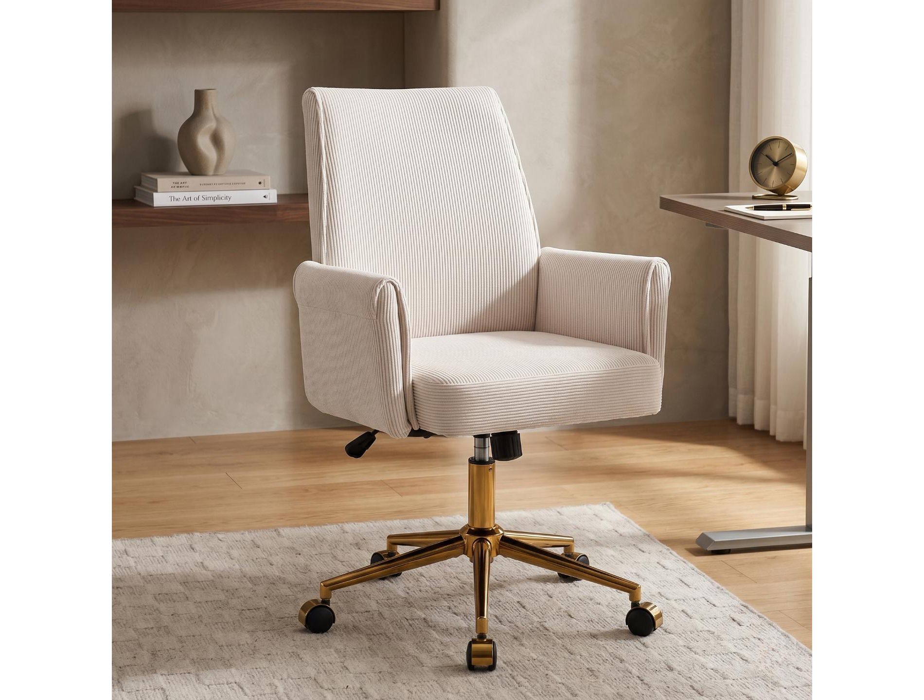 Mid-Back Swivel Office Chair, Ergonomic Striped Fabric Desk Chair with Gold Metal Base, Adjustable Height Task Chair for Home Office, Dorm Furniture