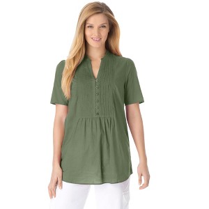 Woman Within Plus Size Pintucked Half-Button Tunic - 1 of 4