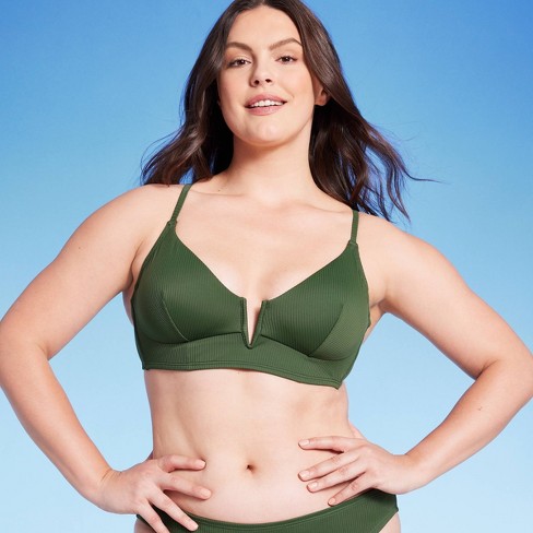 Women's Ribbed Longline V-Wire Bikini Top - Shade & Shore™ Dark Green 34DD