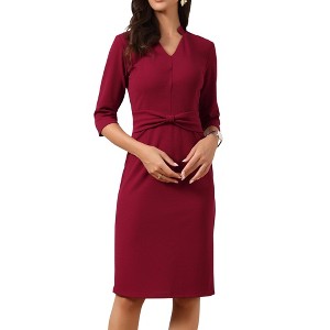 INSPIRE CHIC Women's 3/4 Sleeve Stand Collared V Neck Business Office Sheath Midi Dresses - 1 of 4