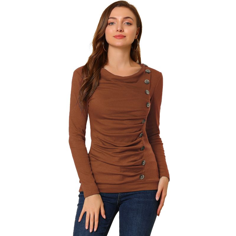 Allegra K Women's Cowl Neck Long Sleeves Buttons Decor Ruched Top, 1 of 8