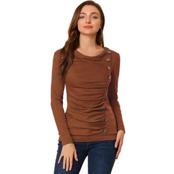 Allegra K Women's Cowl Neck Long Sleeves Buttons Decor Ruched Top
