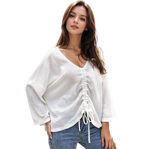 Anna-Kaci Women's Waffle-Knit Ruched Sleeve Top - 1 of 4
