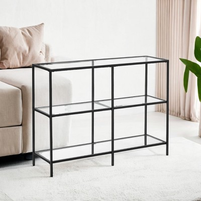 Black Metal Frame Console Table with Tempered Glass Shelves