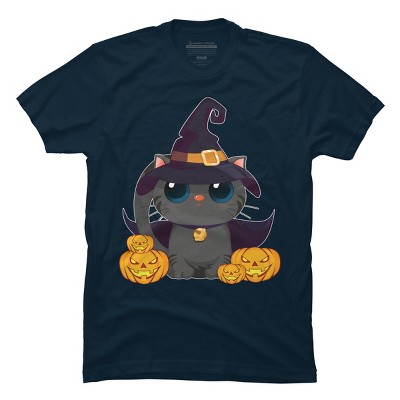 Men's Design By Humans Black Cat With Jack O Lantern Halloween Shirt By thebeardstudio T-Shirt