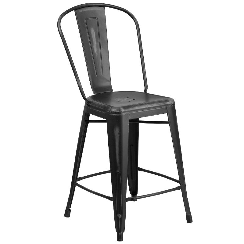 Emma and Oliver Commercial Grade 24"H Distressed Metal Indoor-Outdoor Counter Stool with Back, 1 of 13