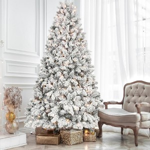 NAYSAYE Christmas Tree Stand 8FT Flocked Tree with Pine Cones and Full Branches for Christmas Decorations, Green and White, 61"*96"*53.9" - 1 of 4