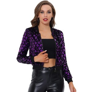 INSPIRE CHIC Women's Sequin Long Sleeve Zipper Up Glitter Bomber Jacket - 1 of 4