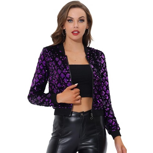 INSPIRE CHIC Women's Sequin Long Sleeve Zipper Up Glitter Bomber Jacket - image 1 of 4