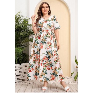 Womens Plus Size Casual V Neck Wrap Maxi Dress High Waist Ruffle Summer Dress with Belt - 1 of 4