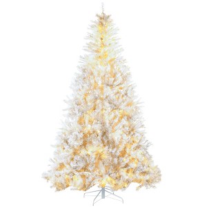 HOMCOM Prelit Artificial Christmas Tree Holiday Decoration with Warm White LED Lights, Auto Open, Steel Base, White - 1 of 4