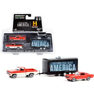 1967 Ford F-100 Pickup Orange/ Cream & 1965 Ford Mustang Fastback Orange & Car Hauler The Cars That Made America 1/64 Greenlight