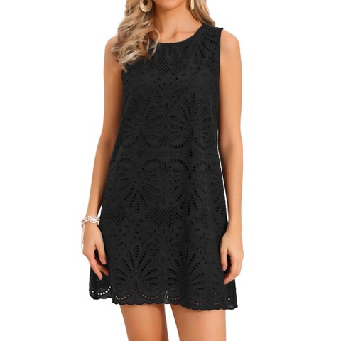 Женские платья INSPIRE CHIC Women's Crew Neck Lace Eyelet Floral Sleeveless Summer Lined A-Line Mini Dresses Medium Black