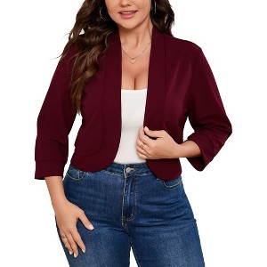 Coolmee Womens Large Size Cropped Cardigan Casual 3/4 Sleeve Collarless Open Front Cardigan Work Jacket Shrug - 1 of 4