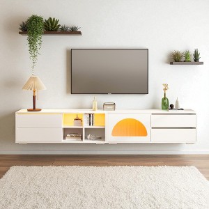 Modern TV Stand with Fluted Glass Door for TVs Up to 100, Media Console with Sliding Door Drawers and LED Light for Living Room - 1 of 4