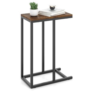 Costway C-shaped Side Table Industrial Sofa Table with Heavy-duty Metal Frame Brown/Gray - 1 of 4