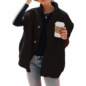 Imily Bela Womens Casual Button Down Fuzzy Fleece Vest - Oversized Warm Jacket with Pockets - 1 of 4