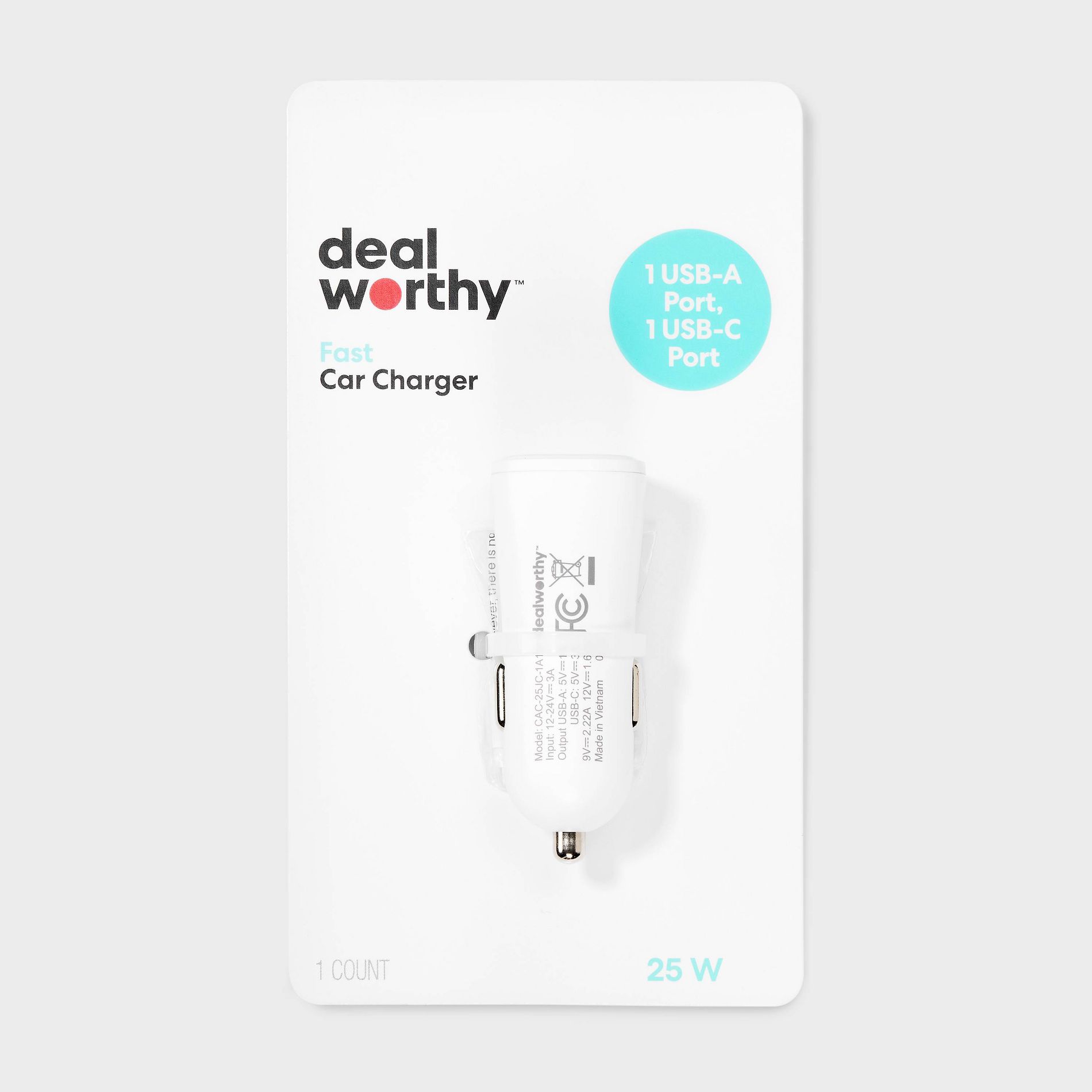2-Port 25W Car Charger - dealworthy™ White: USB & USB-C Car Adapter