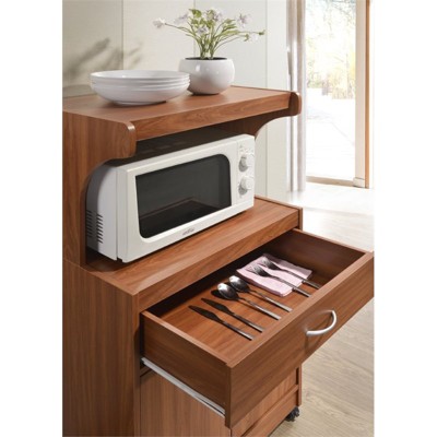 Cherry Wood Microwave Kitchen Cart with Storage and Wheels