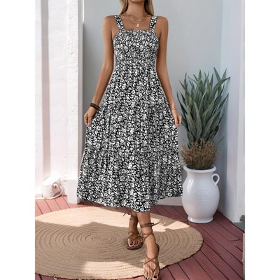 Summer Floral Print Sleeveless Maxi Dress with Zipper Pocket and English Warning Bag - Sweet and Fresh Country Style