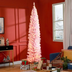 Pre-Lit Slim Noble Fir Artificial Christmas Tree with Warm White LED Lights and Tips, for Christmas Decoration, White - 1 of 4