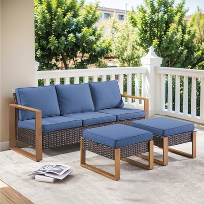 Buenhomino 3 Pieces Patio Sofa with Ottomans, All-Weather PE Rattan Wicker Sofa Small Patio Conversation Couch with Cushion,Blue Cushion&Brown Wicker