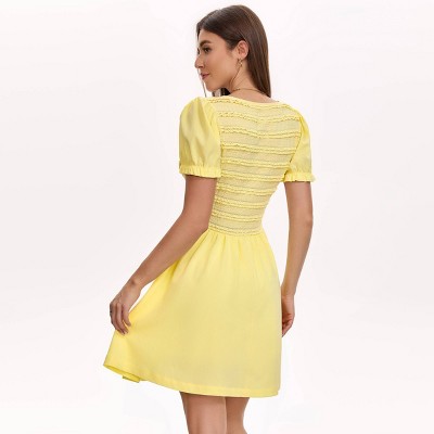 Женские платья Wild Fable Women's Puff Short Sleeve Lace Jacquard Fit and Flare Mini Dress - Wild Fable™ Light Yellow L — фото 2