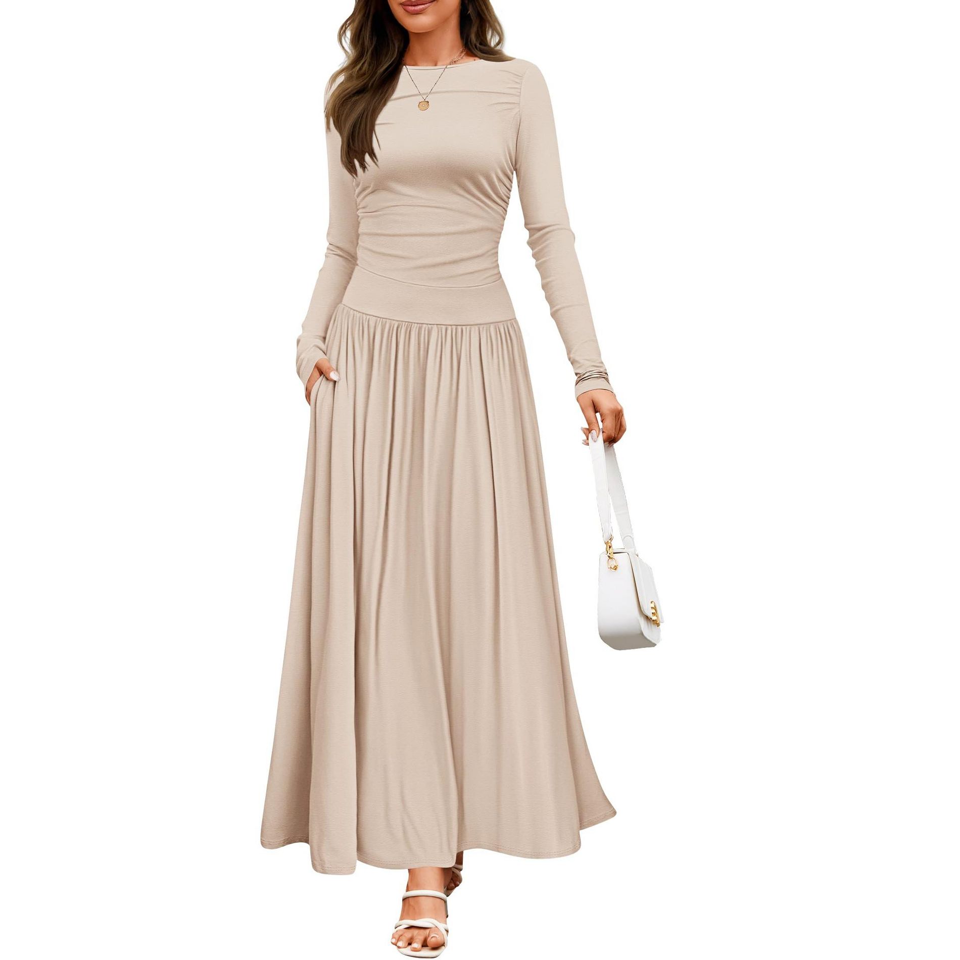 Women's Round Neck Ruched Pocket Slim - Fit Long - Sleeve Knit Maxi Dress, Elegant and Comfortable Dress for Multiple Occasions