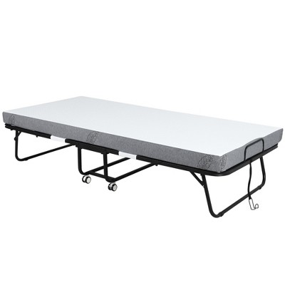 HOMCOM Folding Bed with 4" Mattress, Portable Foldable Guest Bed with Sturdy Metal Frame and Wheels, White