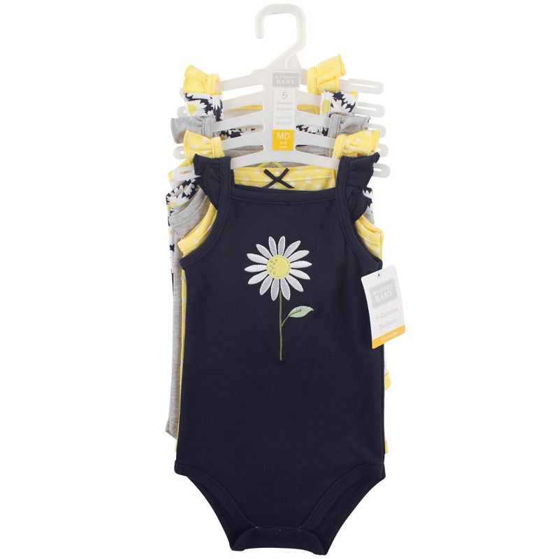 Hudson Baby Infant Girl Cotton Sleeveless Bodysuits 5pk, Daisy, 3 of 4