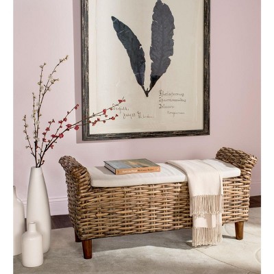 Safavieh Mango Wood Woven Bench with White Cushion