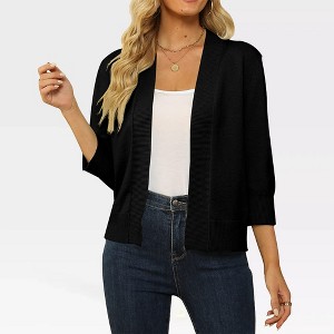 Women's Lightweight 3/4 Sleeve Cropped Cardigan Sweater Open Front Short Shrugs,Black - XL - 1 of 4
