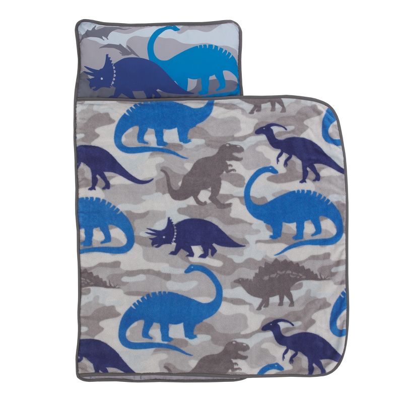 Everything Kids Blue and Grey Dino Toddler Nap Mat with Pillow and Blanket, 2 of 5