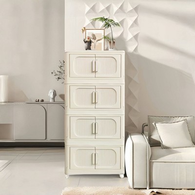 SKRAN Side Wide Folding Storage Cabinet,Multi-layer Closet organizers,Plastic Storage Bins with Magnetic Door and Wheels,Cream White B
