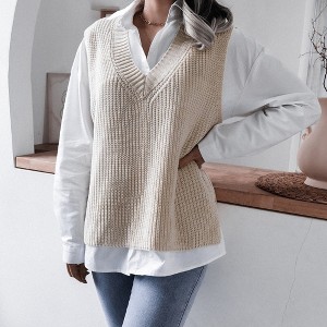 Women's V Neck Knit Sweater Vest Casual Sleeveless Pullover Tops - 1 of 4