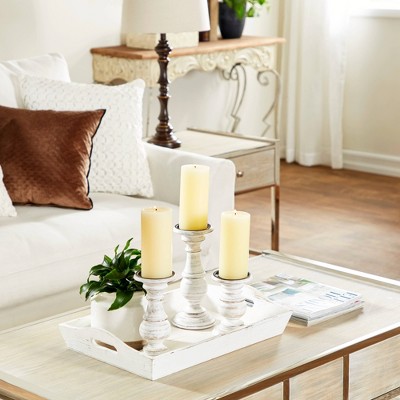 Set of 3 White Distressed Wood Pillar Candle Holders