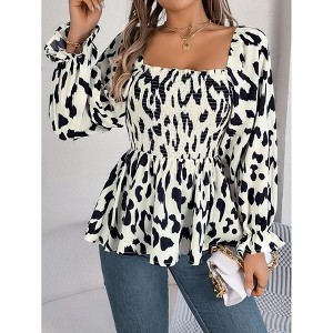Women's Square Neck Smocked Peplum Top - Lantern Sleeve Animal Print Blouse - 1 of 4