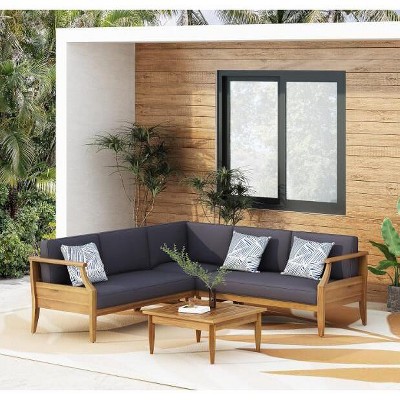 Sapphtopaz Patio Furniture Set Wood L-Shaped Outdoor Sofa with Cushions Sofa Set with Coffee Table for Backyard, Terrace